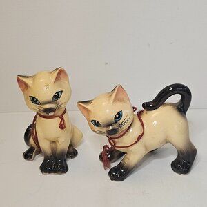 Vtg Siamese Cats Anthropomorphic Set Of 2 Figurines Blue Eye Kittens Japan